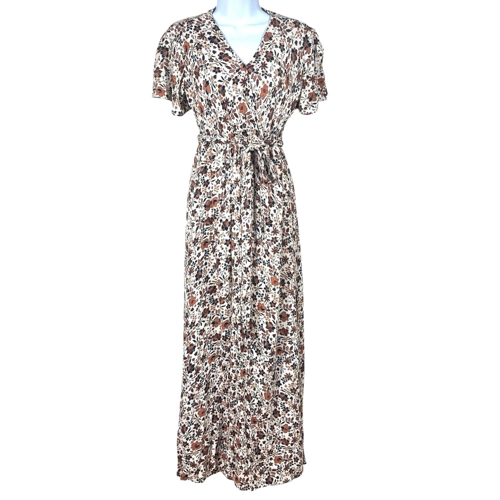 Bohme Floral Maxi Dress Size L Flowy Rayon Surplice V-Neck Boho Cottagecore